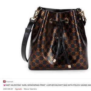 (NWT VALENTINO 'KARL MONOGRAM-PRINT' LEATHER BUCKET BAG WITH POUCH VA2865 NW